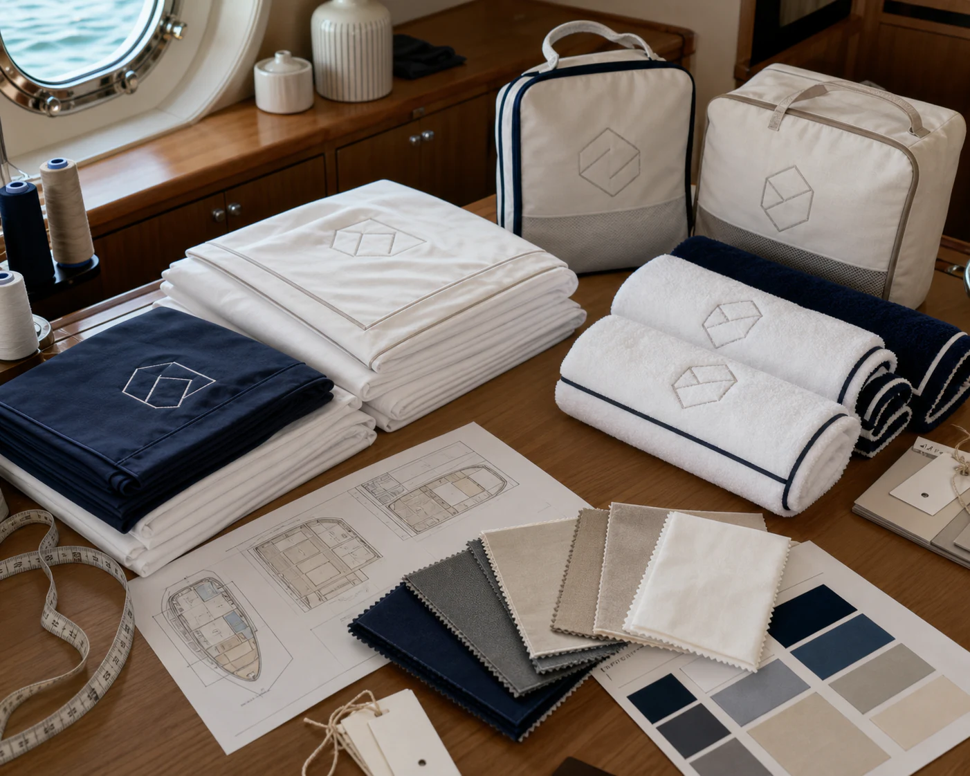 Cabin linen, deck towels, and vessel specifications prepared for life on board.