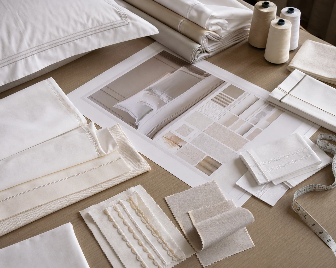 Bed-linen swatches, edge finishes, and room specifications arranged in the Gencer Studio.