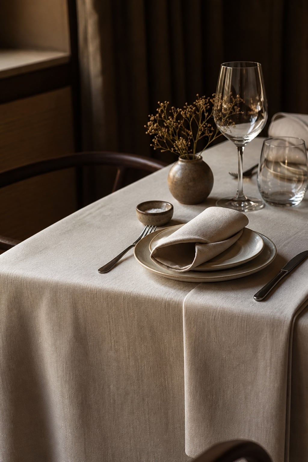 Restaurant table linen and refined dining setting