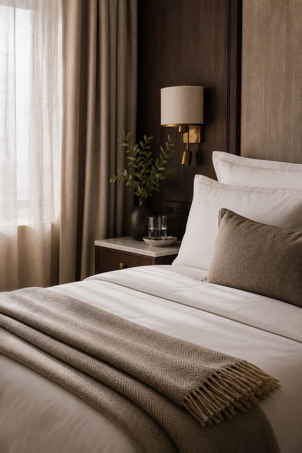 Layered guest room bed linen and hospitality textiles