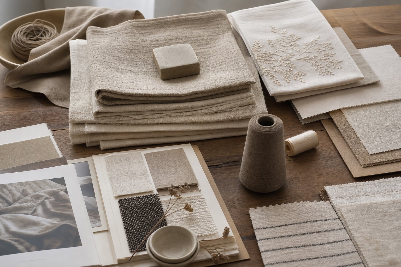 Textile samples and custom hospitality materials arranged on a warm studio table