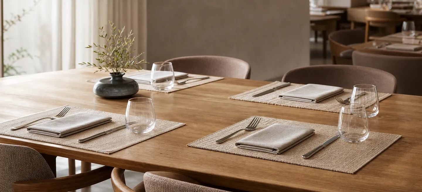 Restaurant place settings arranged with matching placemats and napkins.