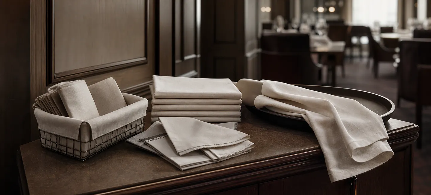 Folded restaurant linen organised for service and replacement stock.