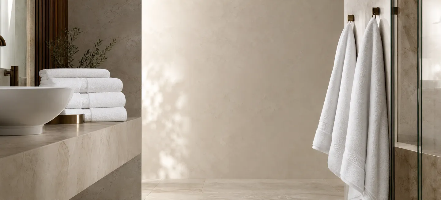 Folded hotel towels organised and ready for room supply.