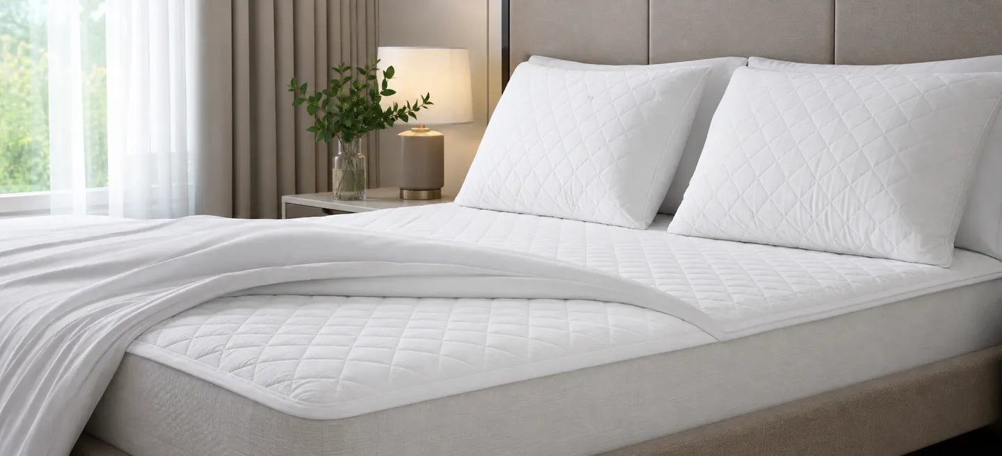 Hotel bedding protection fitted for practical daily room use.