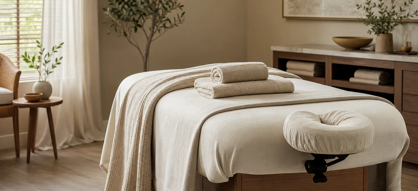 Spa treatment room prepared with treatment linen and folded towels.