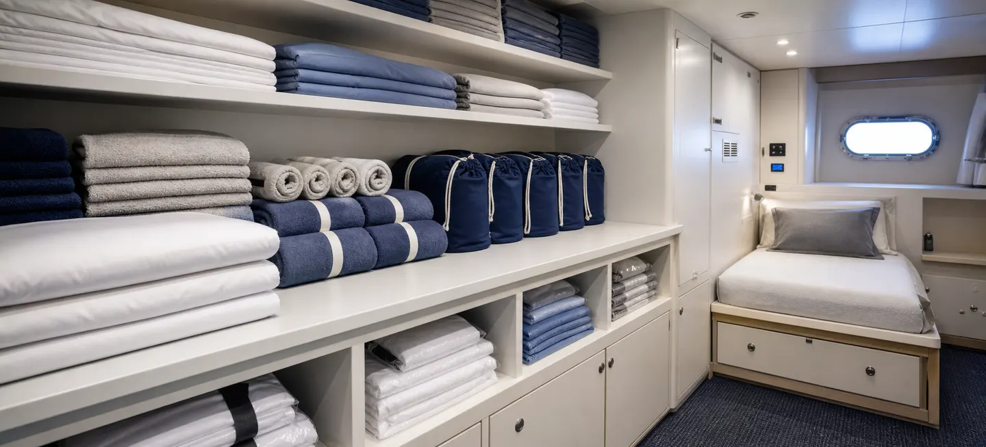 Organised yacht linen sets prepared for compact storage and replacement supply.