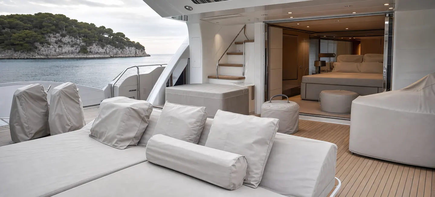 Protected deck cushions and onboard textiles prepared for marine conditions.