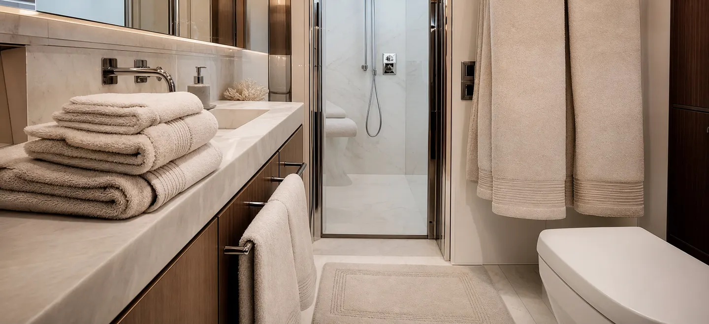 Matching yacht bath linen arranged to a consistent onboard standard.